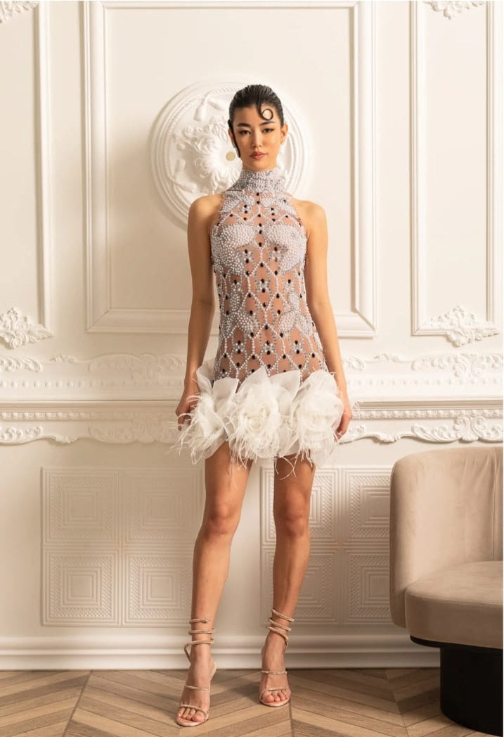 BEADED HALTER DRESS WITH GEOMETRIC PATTERN - BEIGE