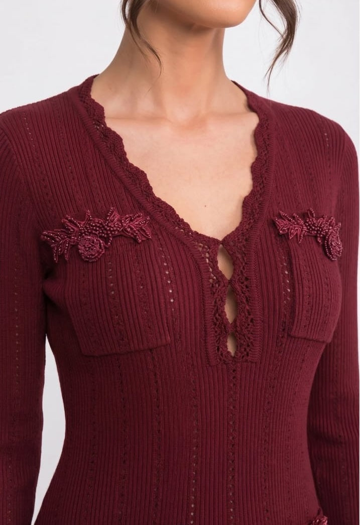 Long-Sleeve V-Neck Knit Mini Dress With Ruffle Hem And Bow Cuffs - Burgundy