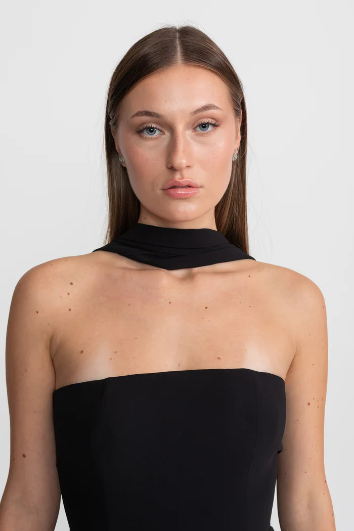 Strapless Draped Gown With Gold Flower Embellishments – Black