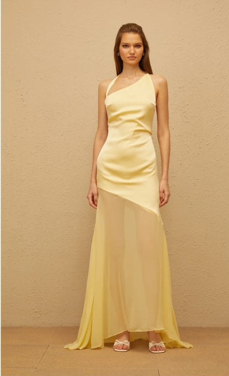 Chantal Yellow Asymmetrical Satin Maxi Dress