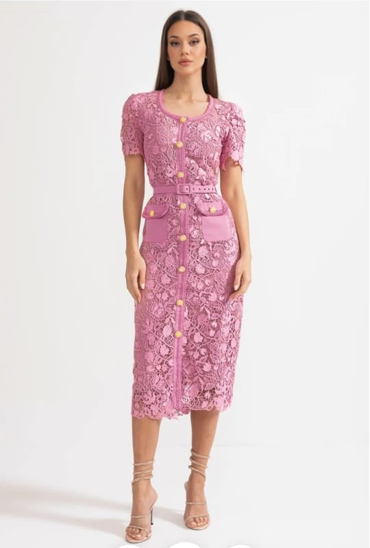 Exquisite Short Sleeve Lace Midi Dress - Rose