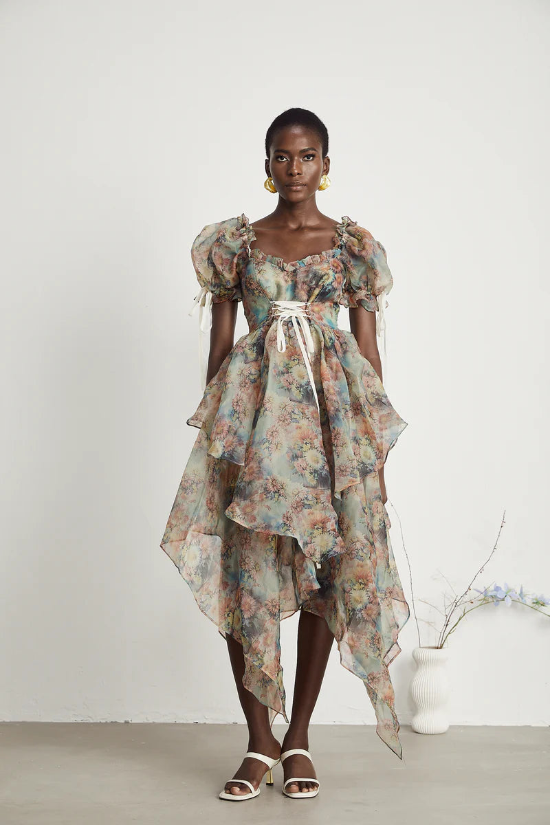 Victoire floral-print lace-up midi dress