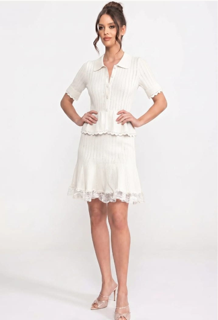 Polo Collar Knit Mini Dress with Button Top, Peplum Waist and Lace Hem - White