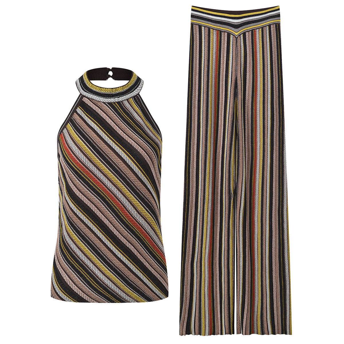 Slim-Fit Halter Neck Backless Top and Wide-Leg Pants Set