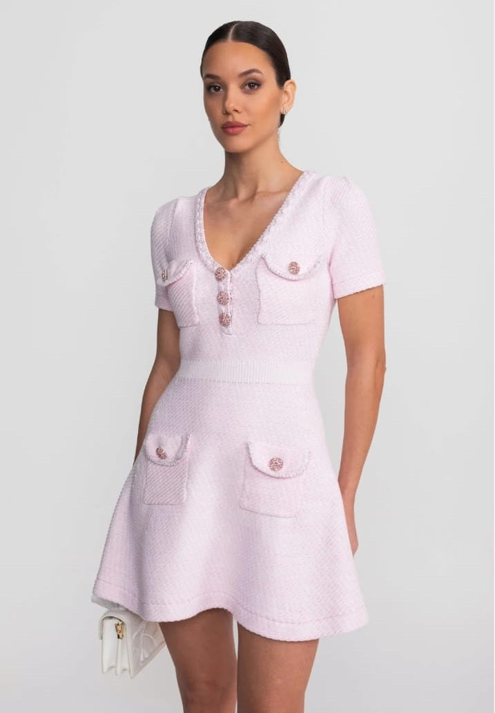 Short Textured Short Sleeve Dress with V-Neckline and Jeweled Buttons - Pink