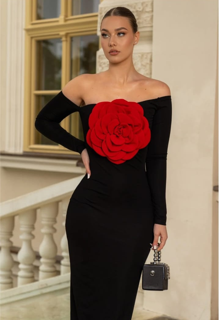 Off Shoulder Midi Dress with Floral Detail - Black