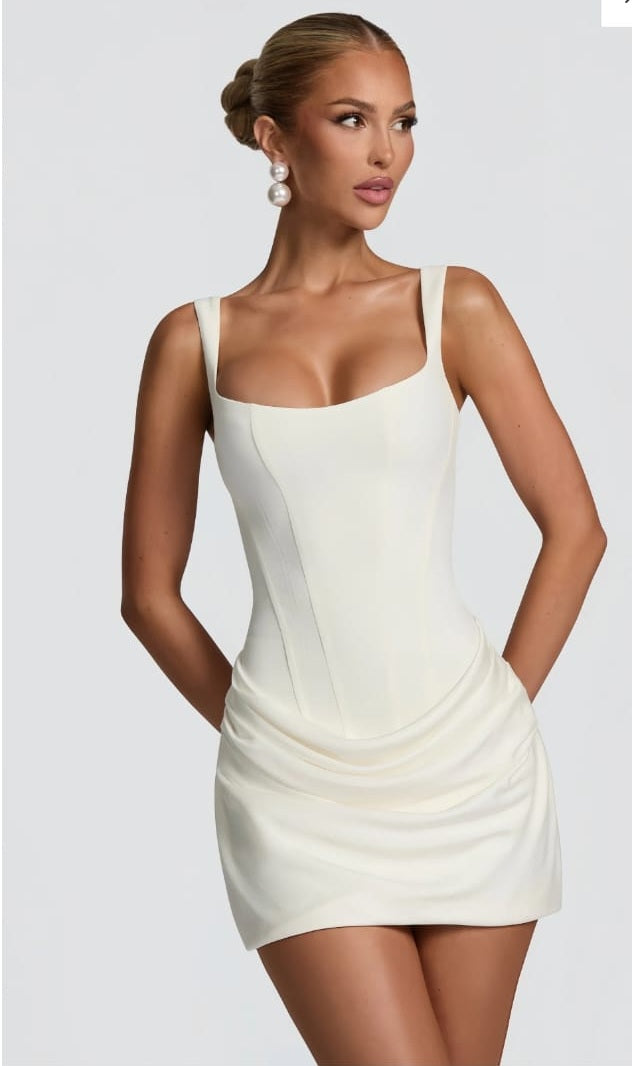 Paulette White Ruched Bodycon Mini Dress