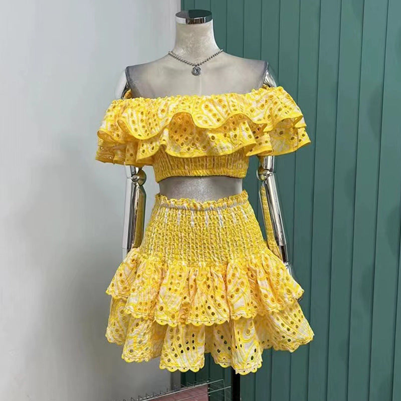 cut-out one-shoulder crop top + ruffle skirt set