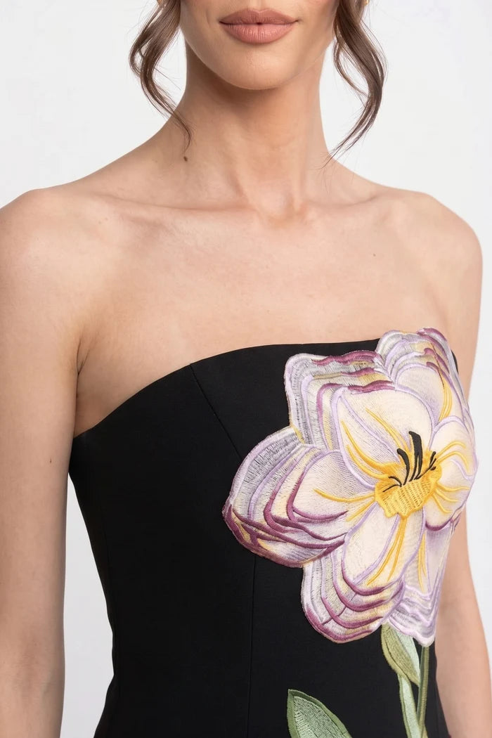 Strapless Floral-Print Midi Dress With Column Silhouette - Black
