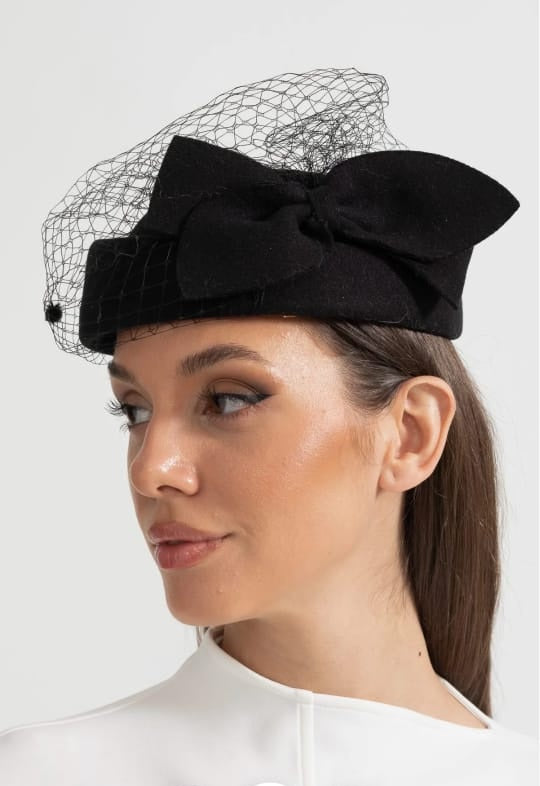 Elegant Hat With Delicate Netting And Decorative Bow Applique - Black