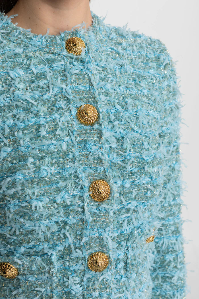 Textured Tweed Jacket With Gold Button Embellishments – Blue