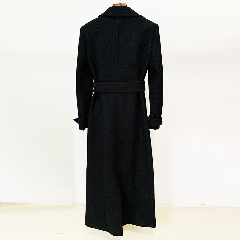 Simple belt elongated woolen coat