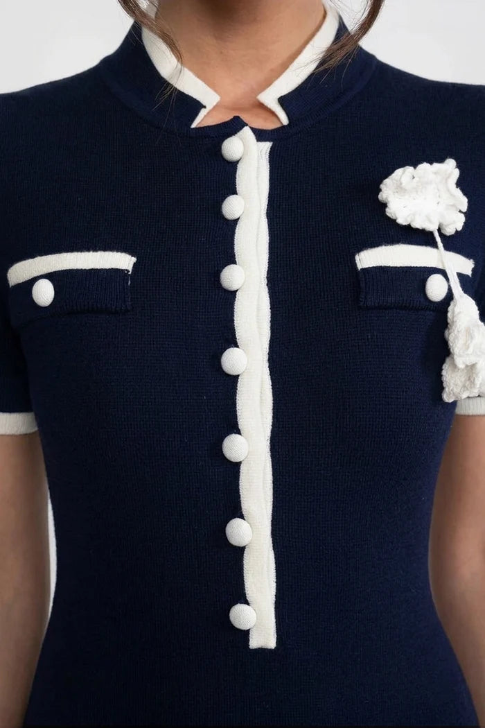 Ribbed Knit Midi Dress With Contrast Trim And Decorative Pockets - Navy