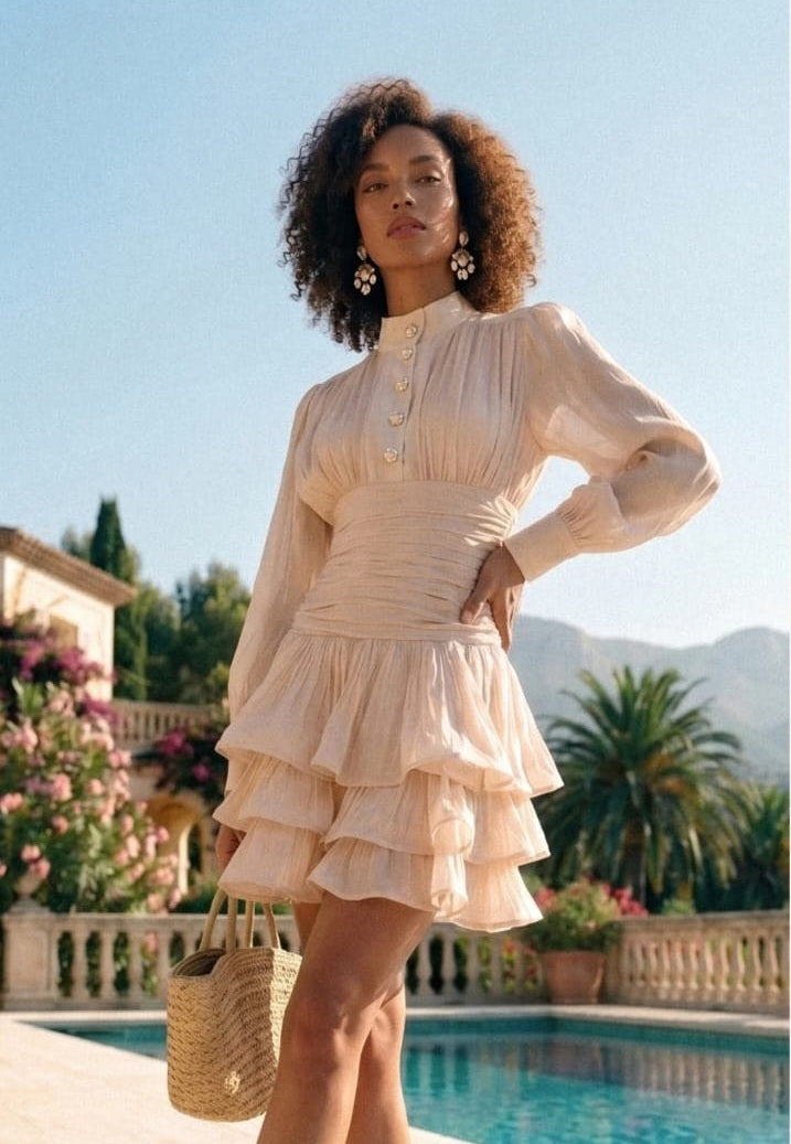 Long Sleeve Draped Mini Dress with Layered Ruffle Skirt - Champagne