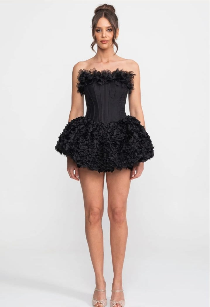 Strapless Corset Mini Dress With 3D Rose Appliqué Skirt - Black