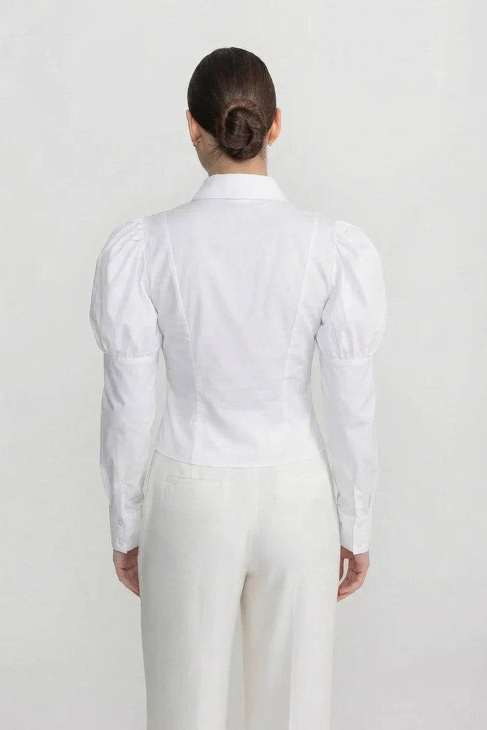Long Sleeve Shirt With Corset Lace-Up Detail - White