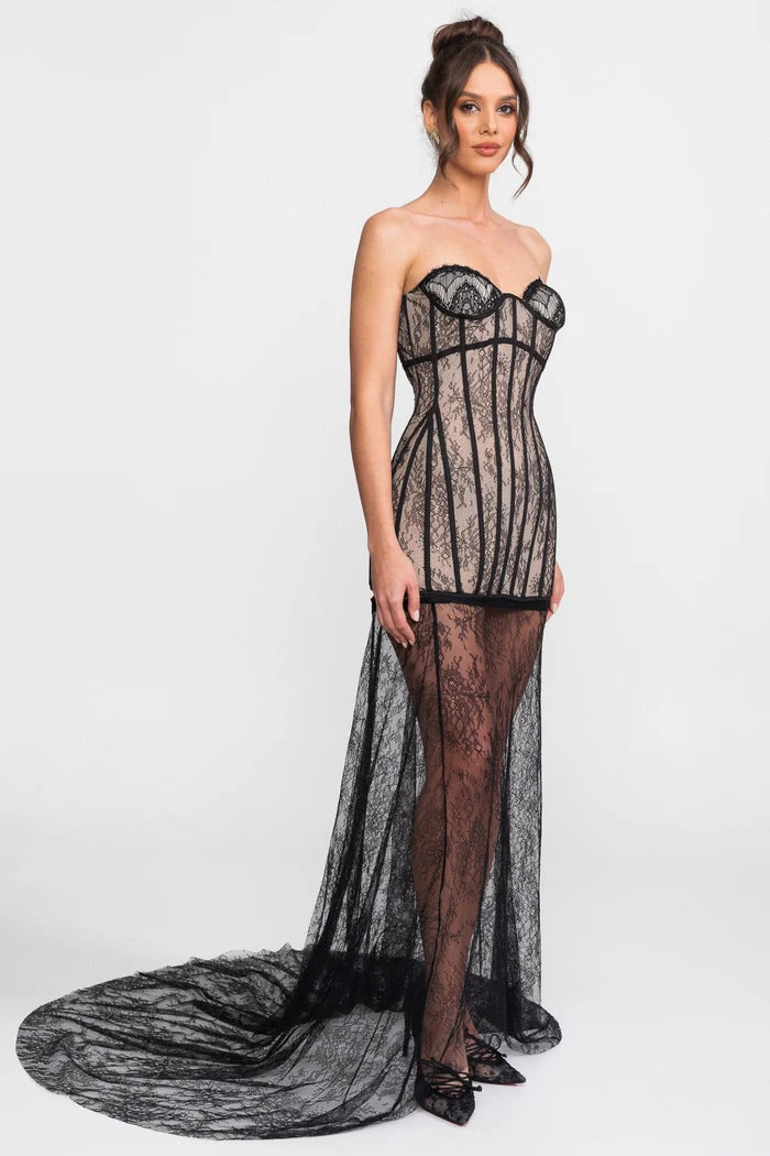 Strapless Maxi Dress With Dramatic Ruffle Overskirt - Black