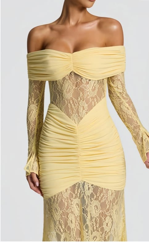 Brigitte Yellow Lace Panel Ruched Maxi Dress