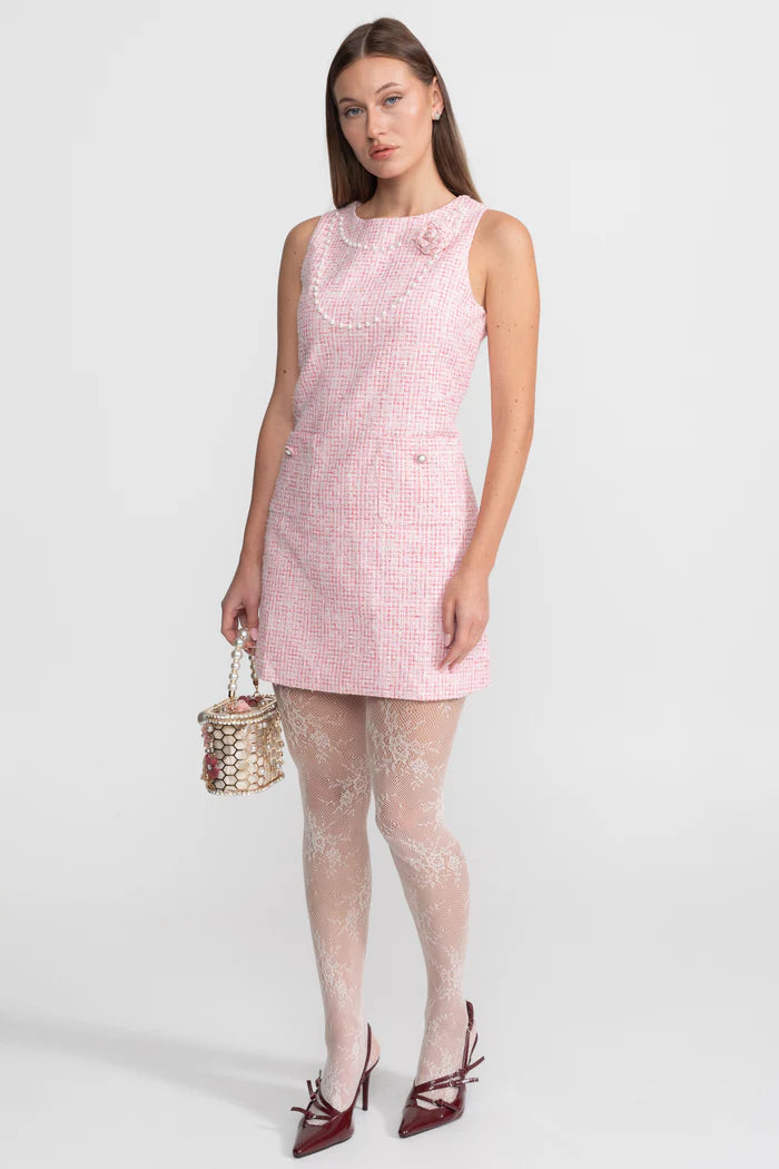 Sleeveless Tweed Mini Dress With Pearl Trim – Pink