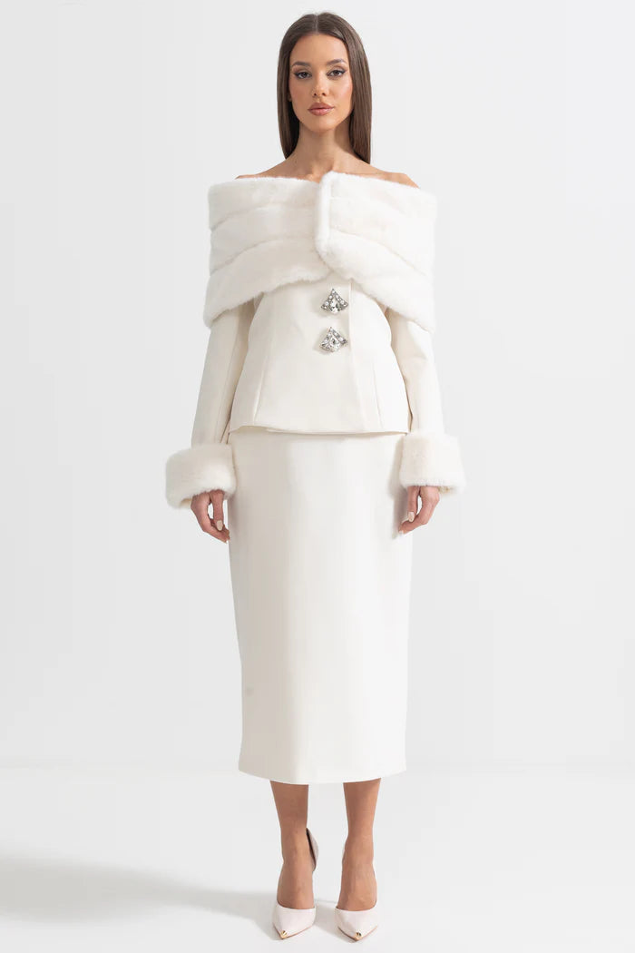 Two-Piece Ensemble With Faux Fur Shawl, Cuffs And Midi Skirt - White