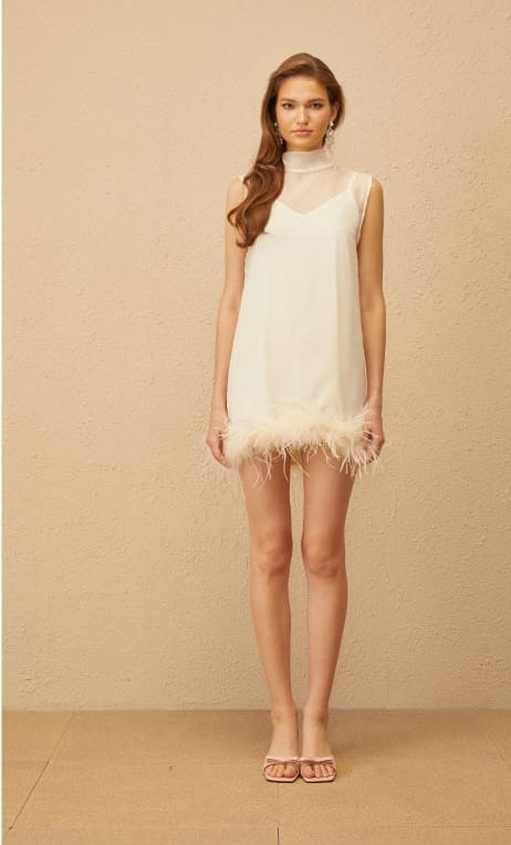 Adrienne White Feather Trim Mini Dress