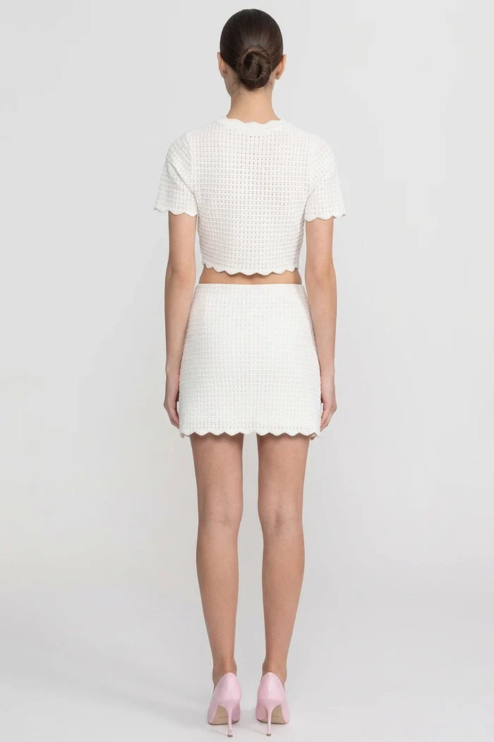 Cropped Co-Ord Set With Scalloped Edges - White