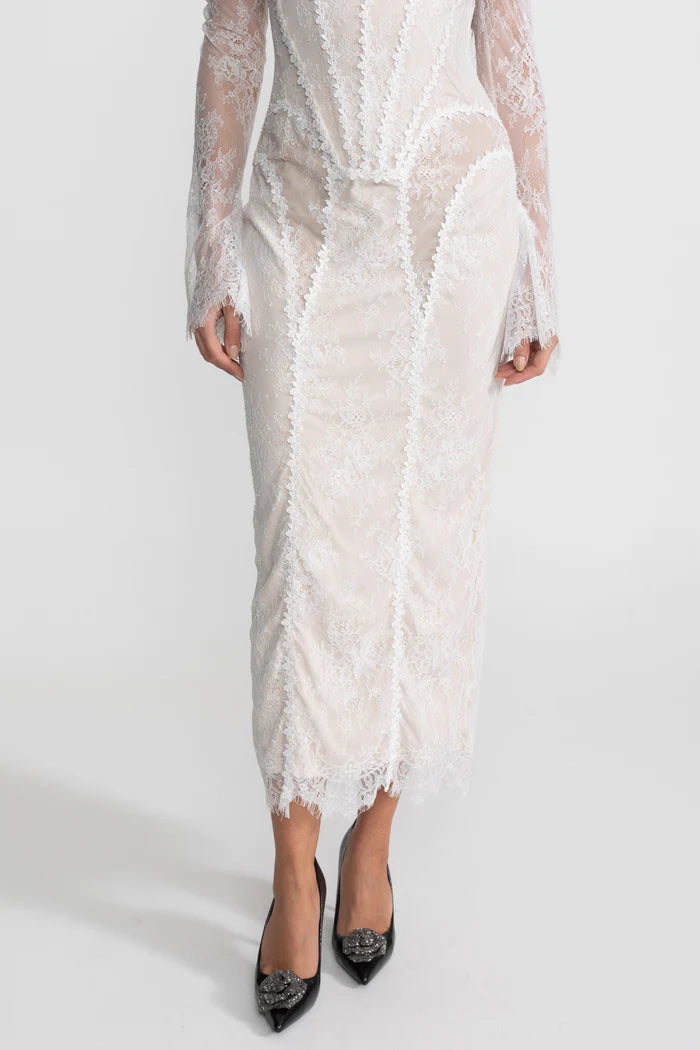 Off-Shoulder Lace Midi Dress with Pearl-Trimmed Bustier - Ivoire