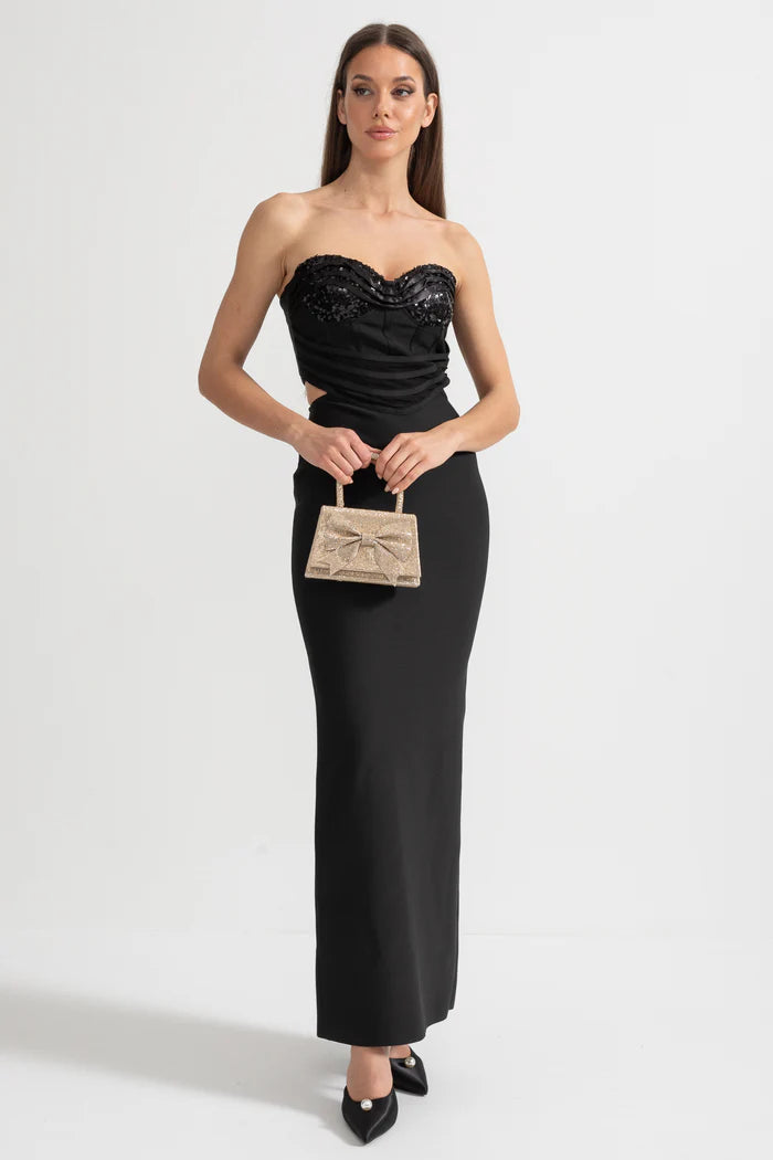 Sequin Bustier and Maxi Skirt Co-Ord Set with Side Cut-Outs - Black