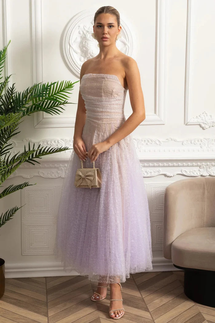 Strapless A-Line Midi Dress With Shimmery Textured Overlay - Lilac Gradient