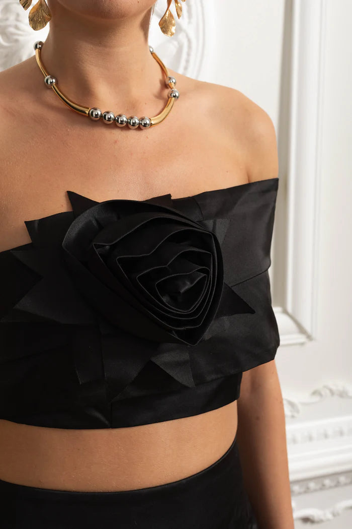 Satin 3D Rosette Co-Ord Set - Black