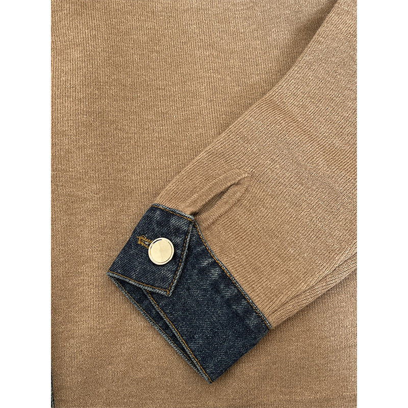 Denim Patchwork Lapel Knitted Jacket