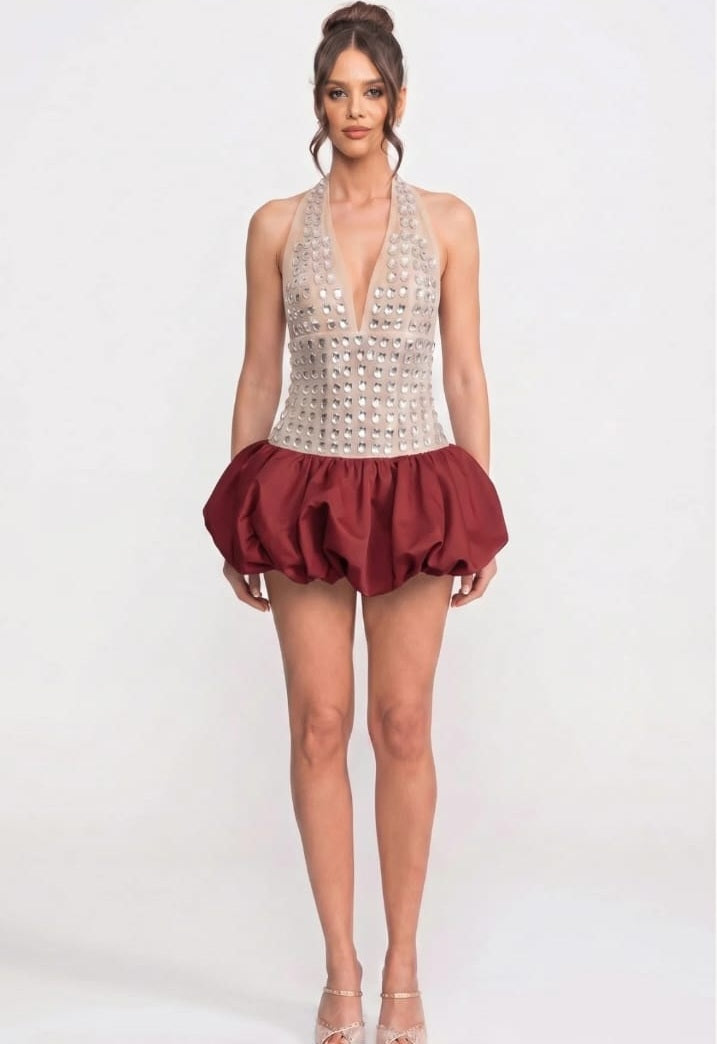 Crystal-Embellished Halter Mini Dress With Bubble Skirt - Red