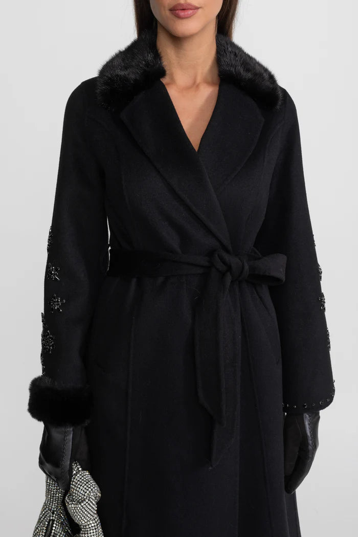 Embellished Wool Overcoat With Fox Fur Collar – Black