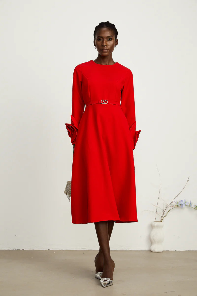 Coralie red long-sleeve floral-appliqué midi dress