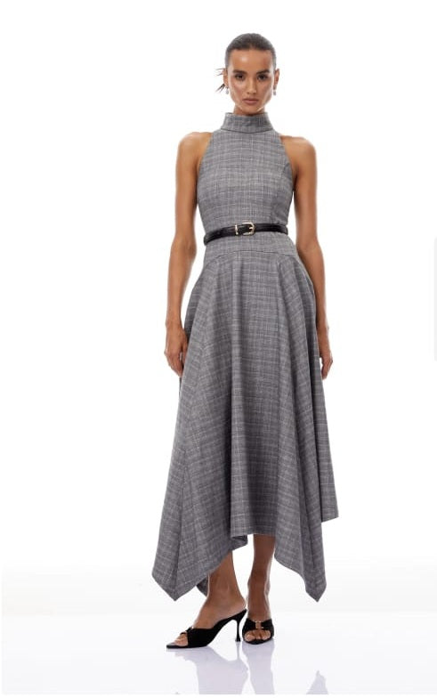 Wilhemine Grey Checked Tweed Maxi Dress (Without Belt)