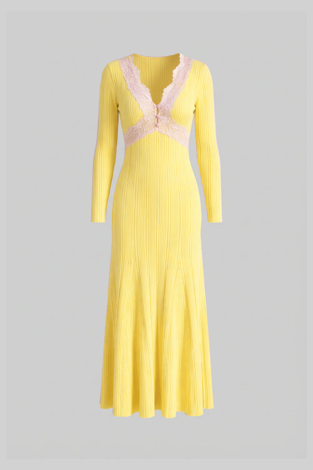 Ribbed Long Sleeve Midi Dress With Lace-Trim V-Neckline - Yellow