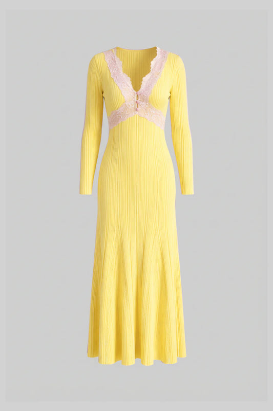 Ribbed Long Sleeve Midi Dress With Lace-Trim V-Neckline - Yellow