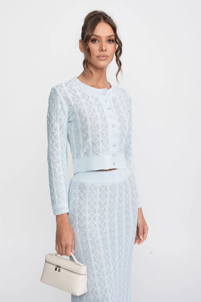 Eyelet Knit Co-Ord Set With Cardigan And Maxi Skirt - Light Blue