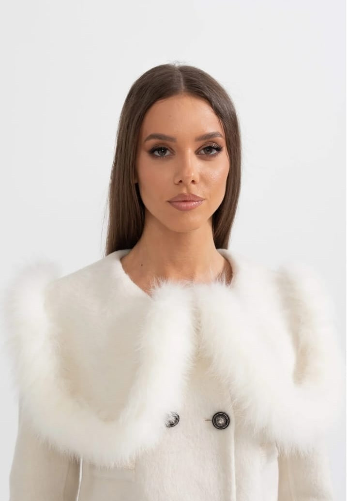 Double Breasted Cropped Jacket With Fur Collar Embellishment - Brown