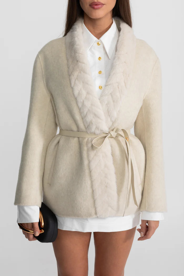Fur Trim Jacket With Belted Waist – Ivoire
