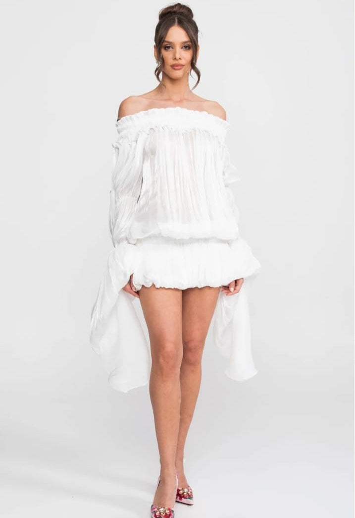 Off Shoulder Mini Dress with Ruffles and Draped Sleeves - White