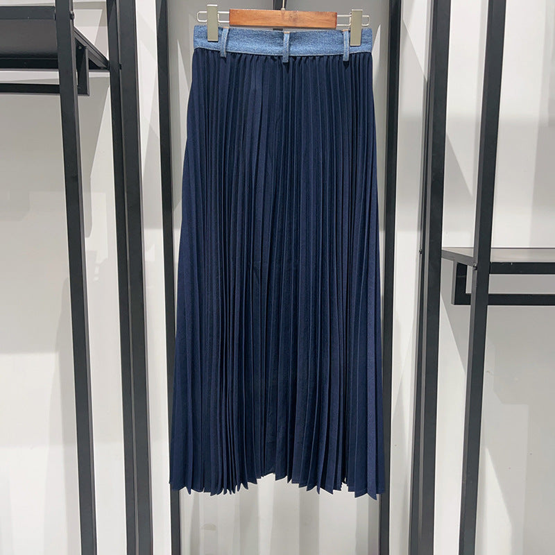 Tide Line Denim Panels Pleated  Skirt