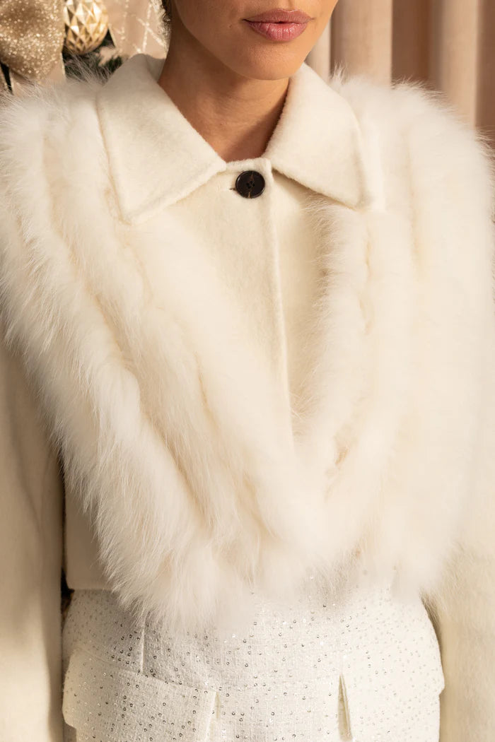 Wool Cropped Jacket with Fox Fur Collar – Ivoire