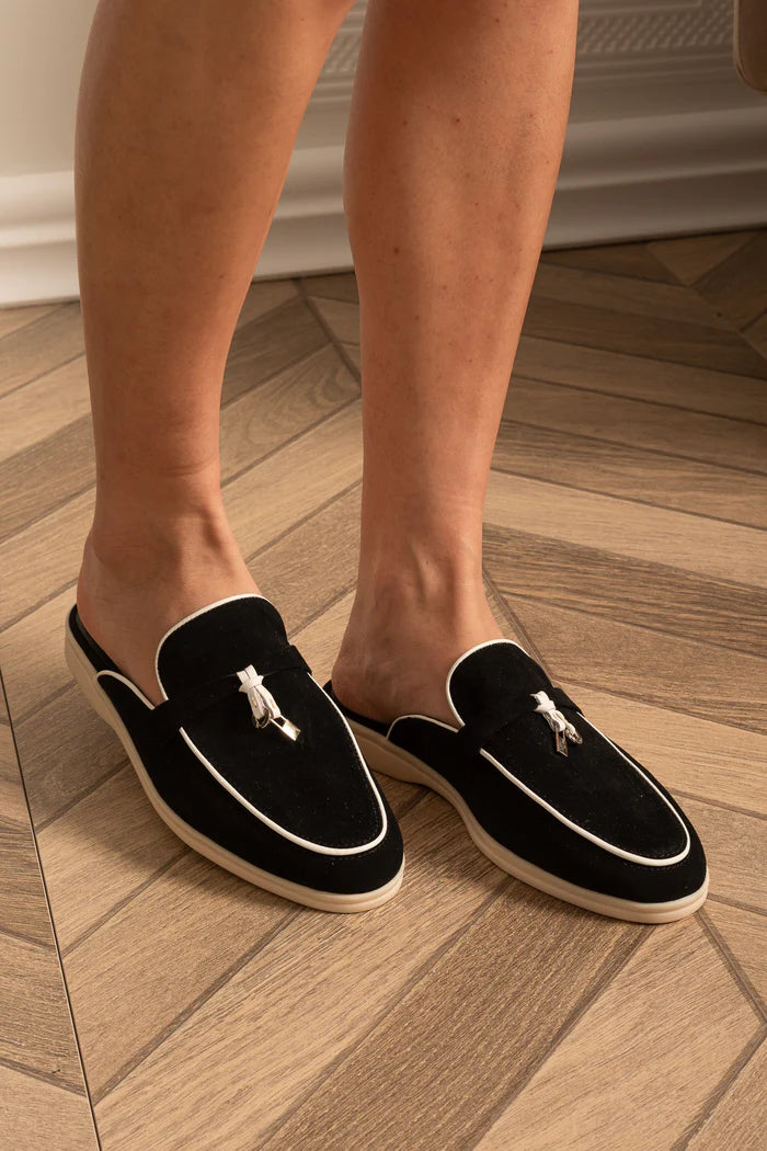 Suede Loafers With Contrasting Sole And Metal Charms - Black/White