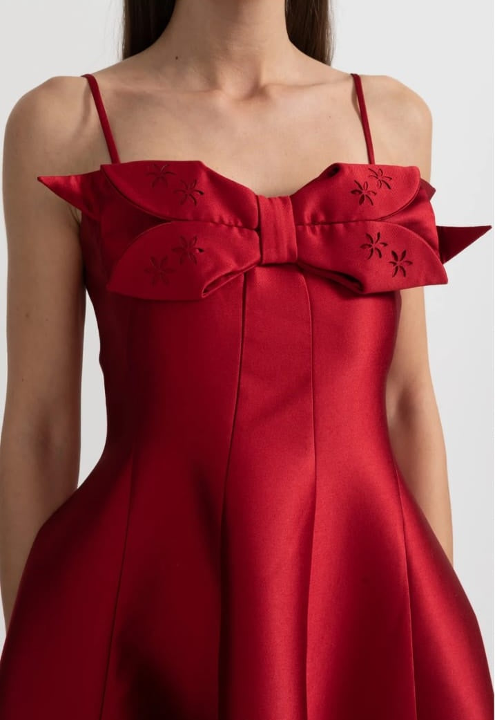 Midi Satin Dress With Fitted Bodice, Delicate Thin Straps And Bow Accent - Red