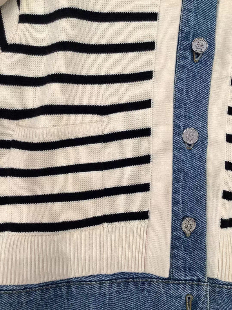Denim Shirt Collar Striped Knit Short Jacket