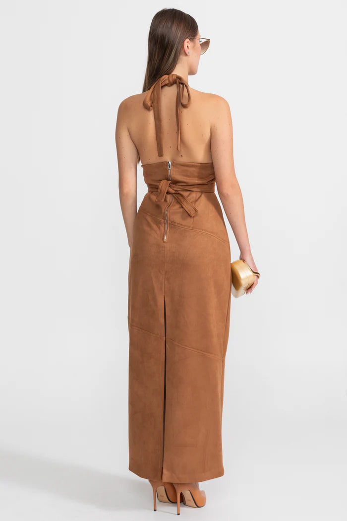 Suede Halterneck Wrap Maxi Dress – Cognac