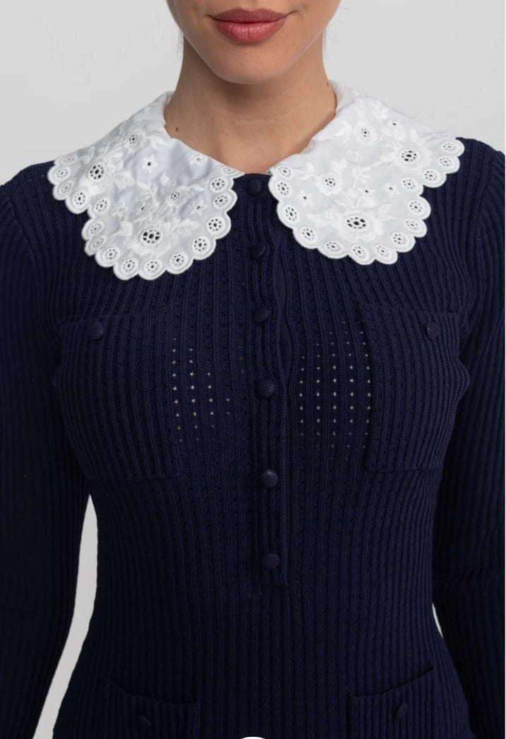 Knit Long Sleeve Mini Dress With Broderie Collar - Navy
