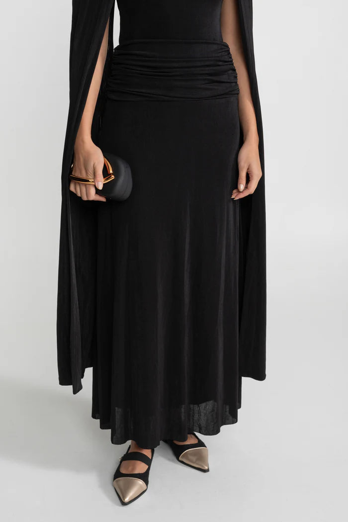 Draped Cape Maxi Dress With Ruched Waist – Black