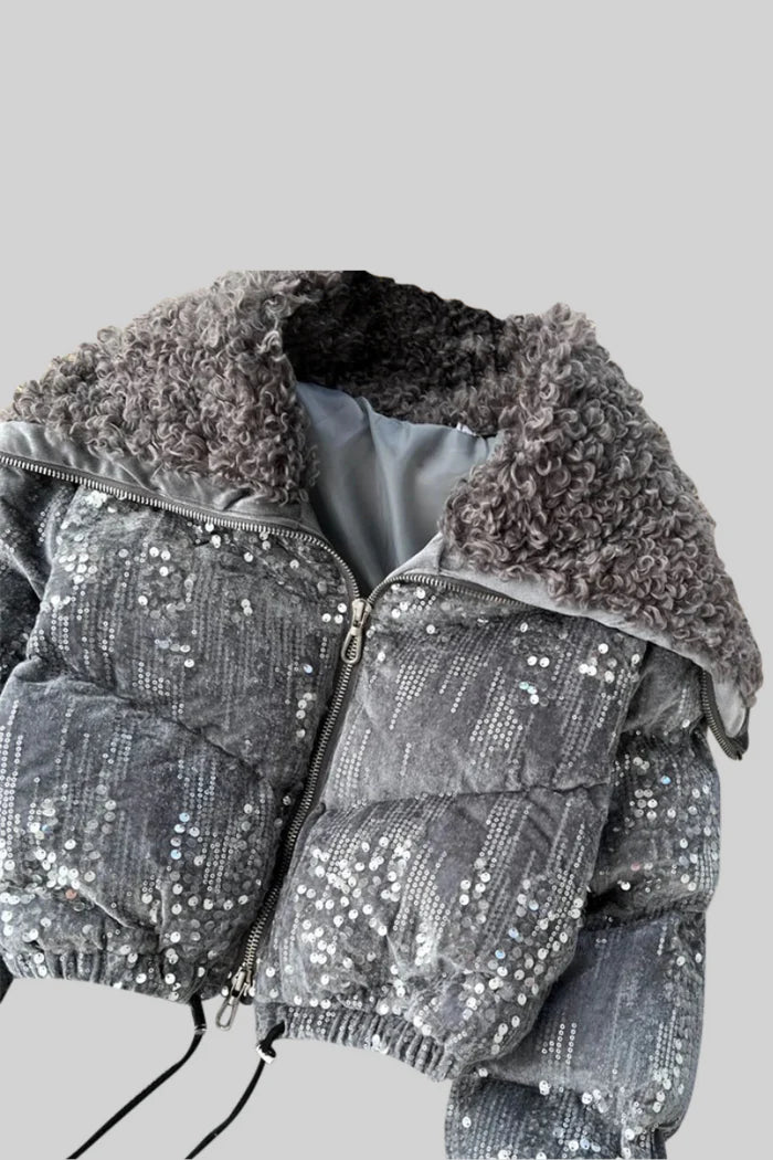 GLAMOROUS JACKET WITH SPARKLES AND FUR DETAIL - GRAY